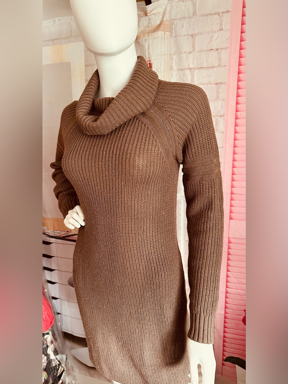 Say What? Brown Cowl Neck Ribbed Sweater Dress